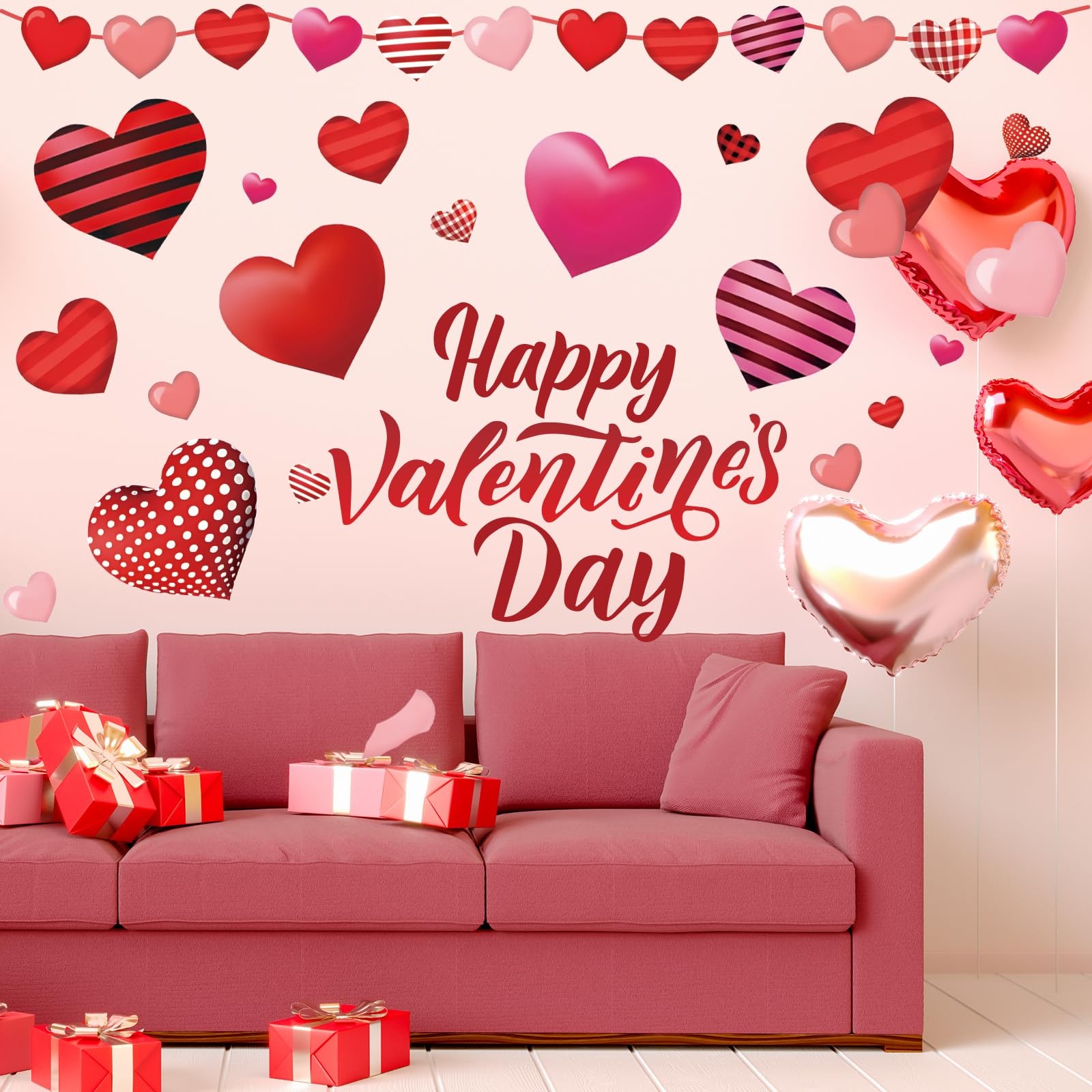9 Sheets Happy Valentine's Day Wall Stickers Red Black Heart Large Room