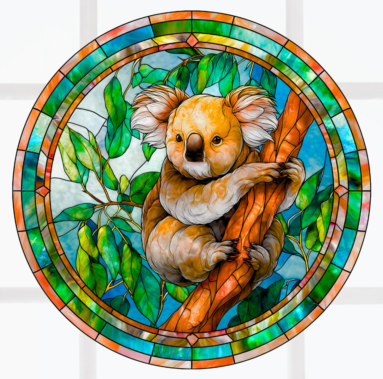 Koala Bear Faux Stained-Glass WINDOW CLING Size 8" Round Repositionable Vinyl