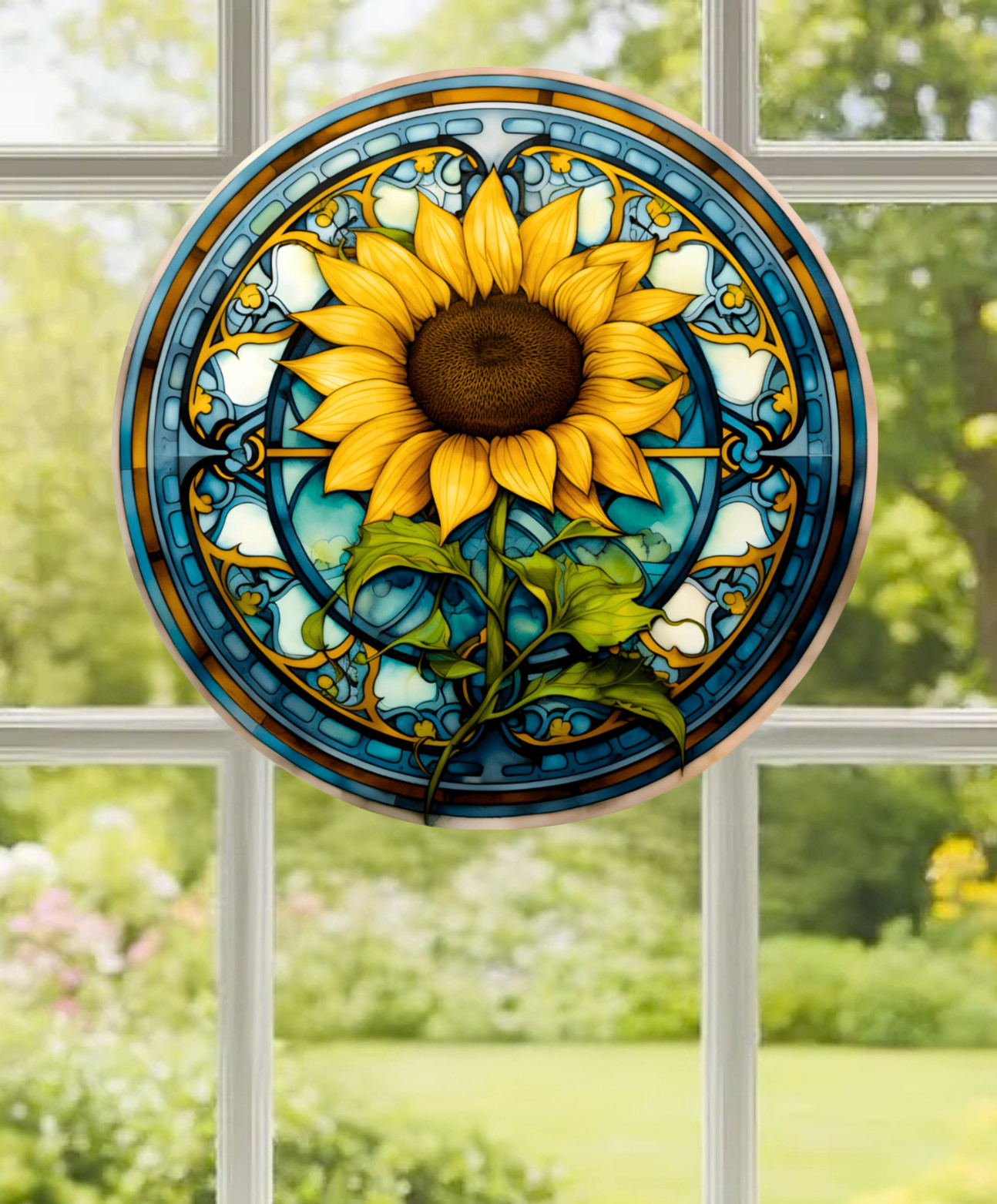 Sunflower Faux Stained-Glass WINDOW CLING Sun-catcher Size 8" Round Vinyl