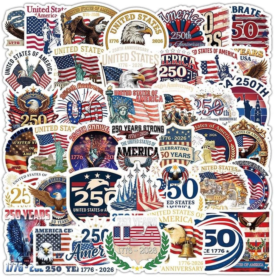50PCS USA 250th Anniversary Stickers Patriotic Waterproof Vinyl Decals
