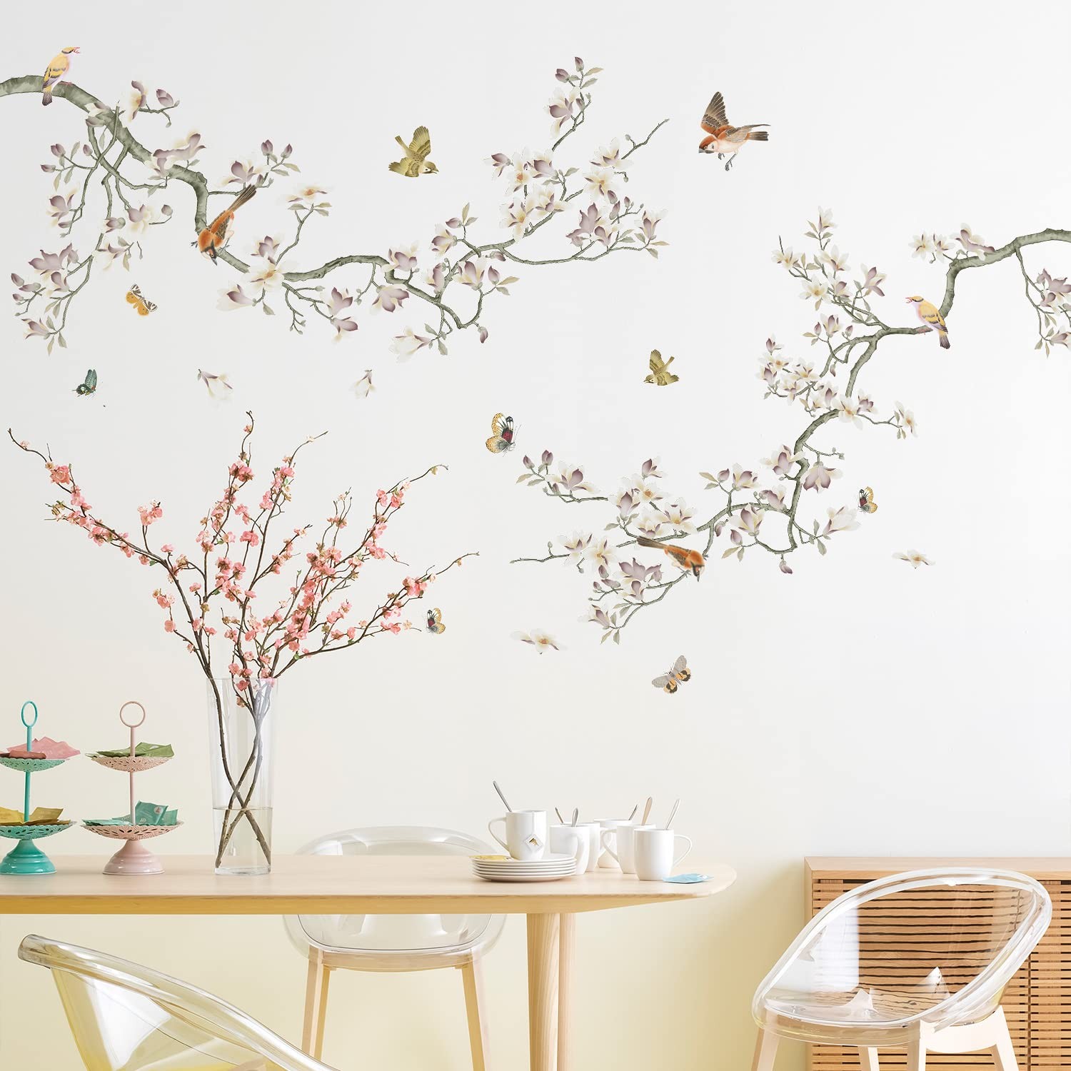 Removable 3D Two Curved Tree Branches Leaves With Colorful Flying Birds Wall …
