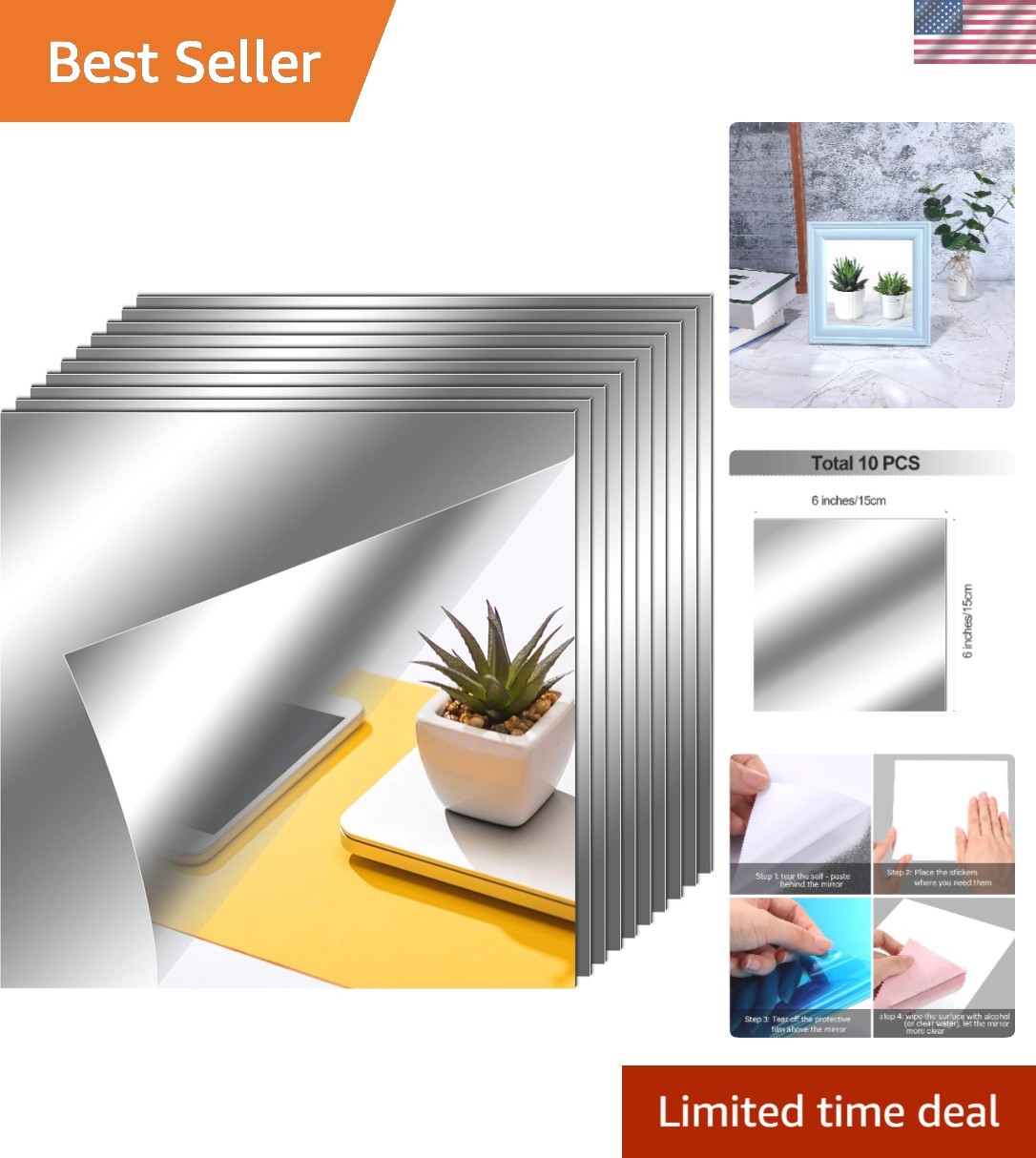Thin and Lightweight Self-Adhesive Mirror Panels – 10x 6×6" for Easy Decor