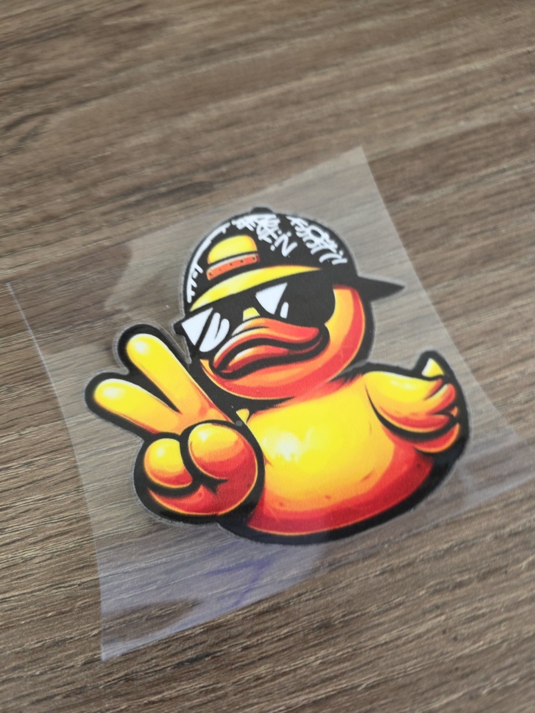 Rubber Duckie Wearing Hat And Peace Sign UV DTF Raised Decal Sticker For Vehicle