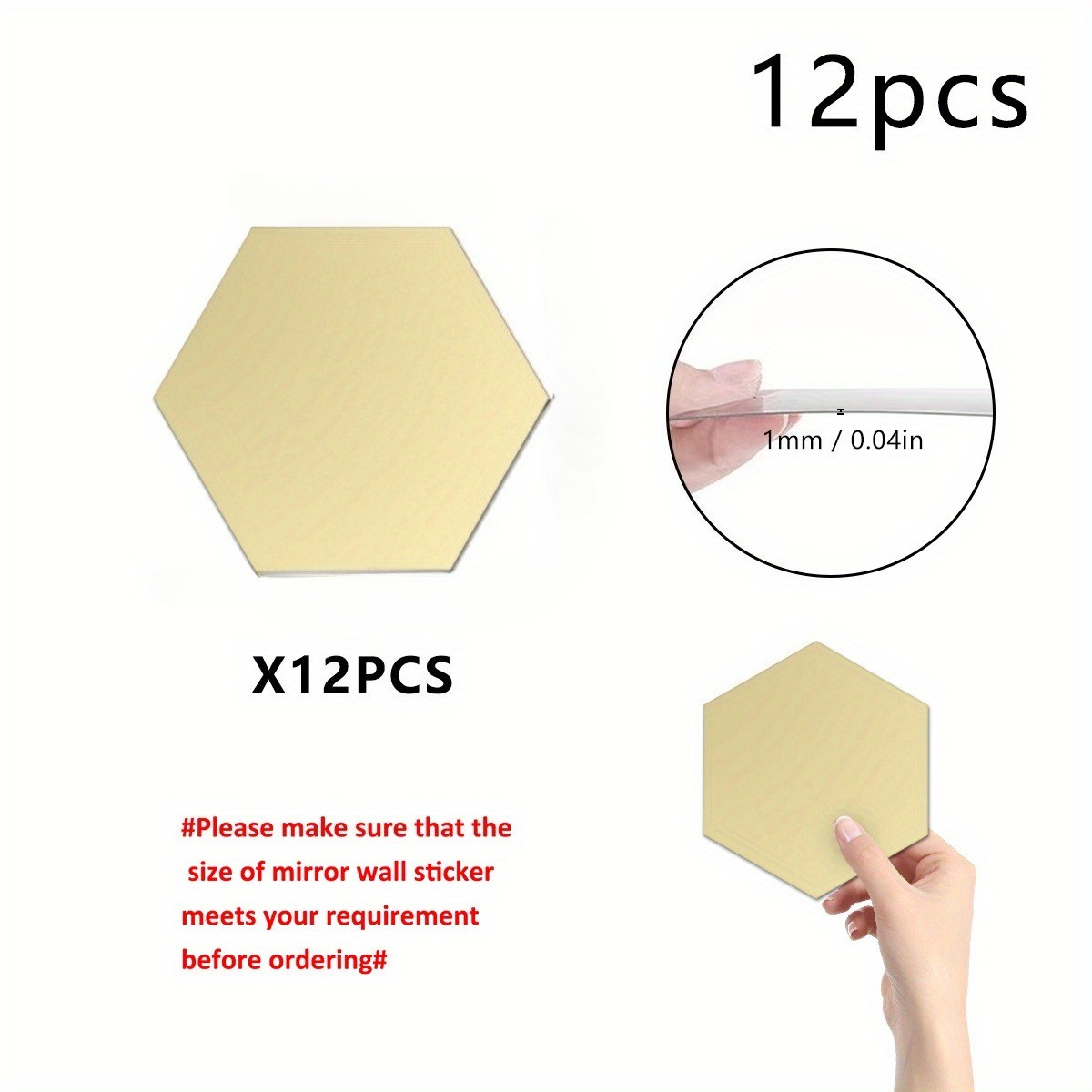 12Pcs Self Adhesive Hexagonal Gold Acrylic Mirror Wall Tiles for Home Room Decor