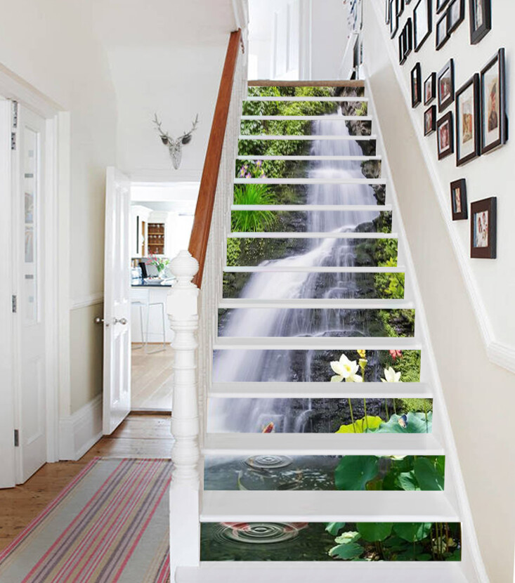3D Waterfall Lotus AZ346 Stair Risers Decoration Mural Vinyl Wallpaper Kay