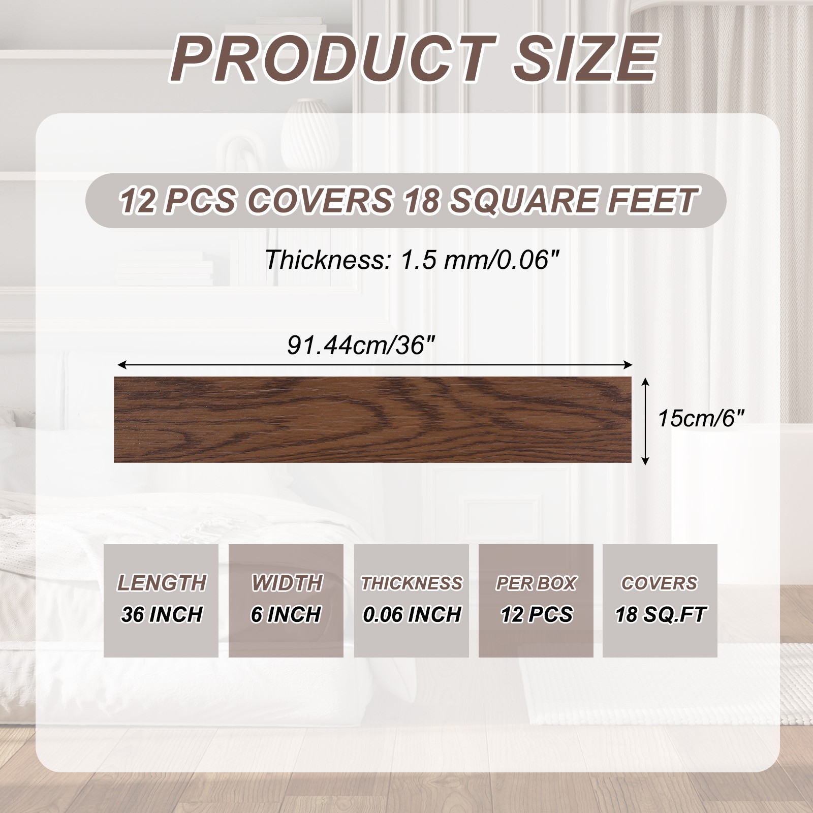 12pcs 36×6" PVC Wood Effect Adhesive Floor Tiles, Coffee