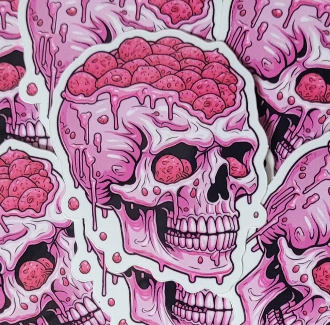 Pink Skull Cheese Meatball For Brains Pop Art Vinyl Sticker 2in.x1.5in.