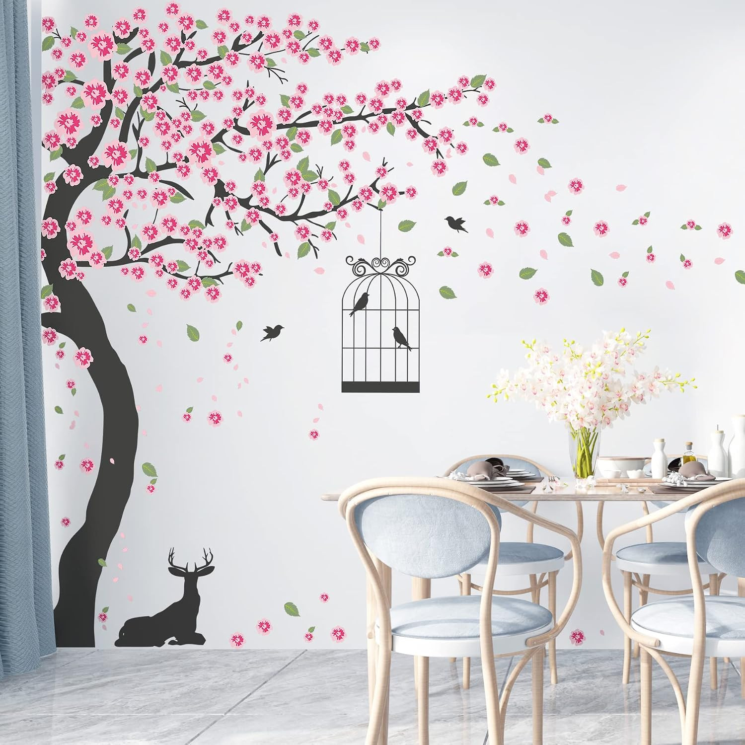 6 PCS Pink Peach Flowers Wall Decals Cherry Blossom Tree Wall Stickers DIY Remov