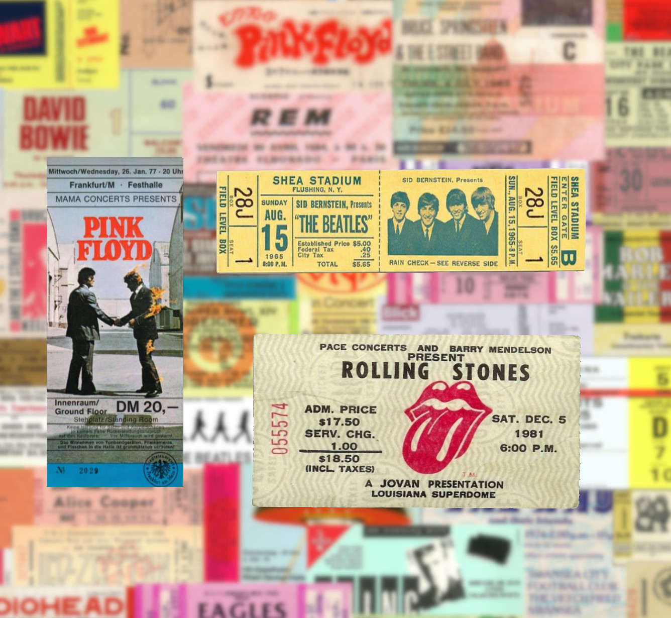 25/50 Rock Tickets Sticker Pack – Waterproof Vinyl – Beatles Springsteen Doors
