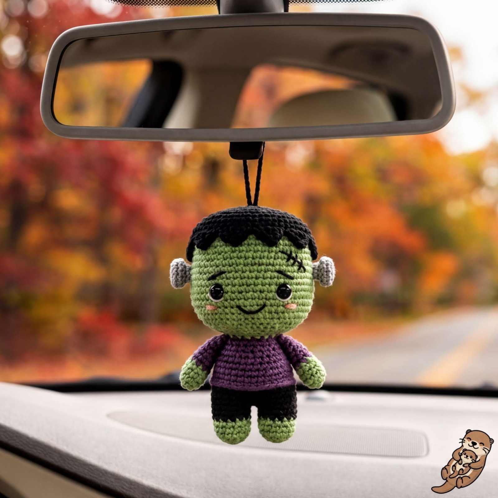 Handmade Frankenstein Crochet Car Charm, Green Monster Halloween Decor