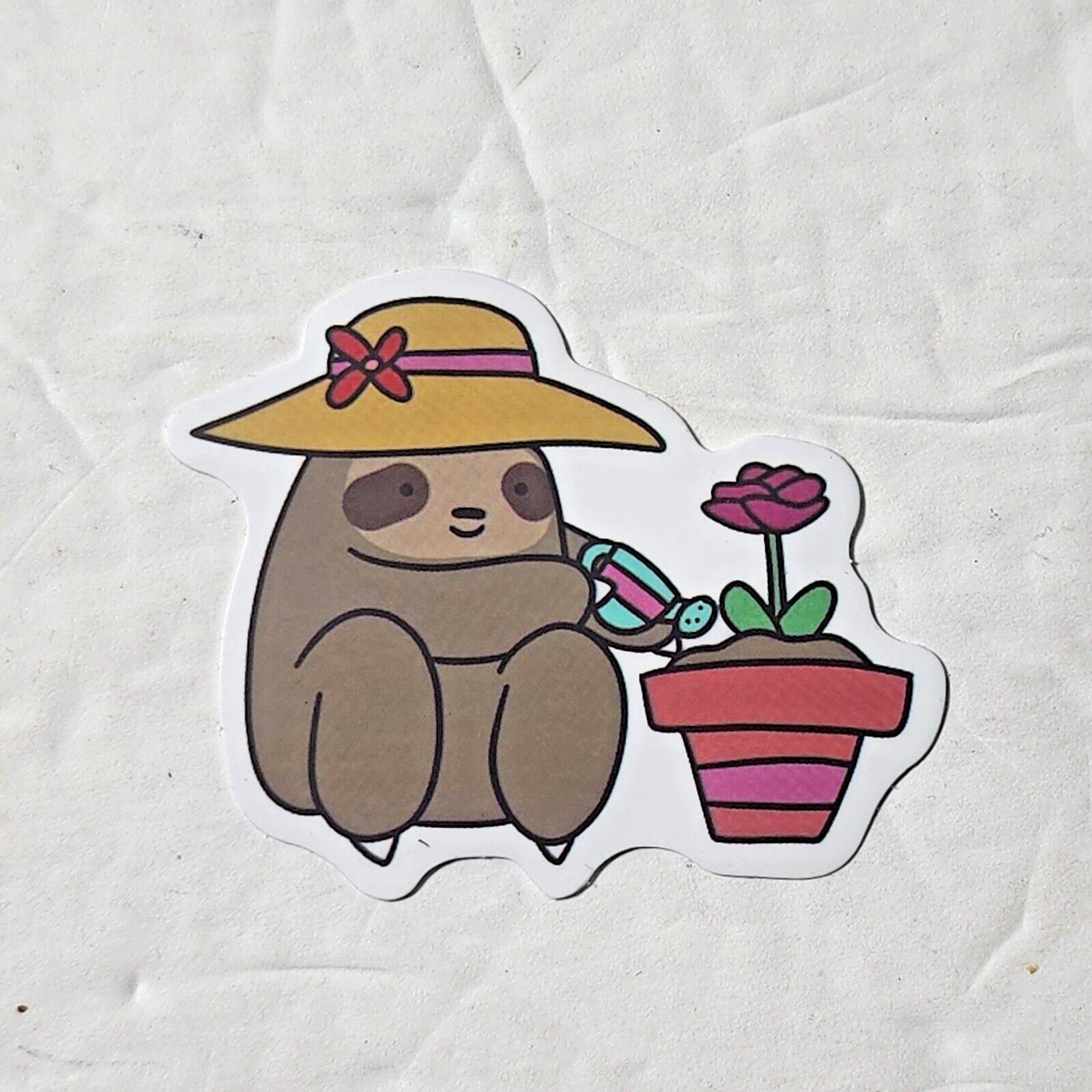 Sloth water flower pot wearing a hat Sticker New 2" x 2"