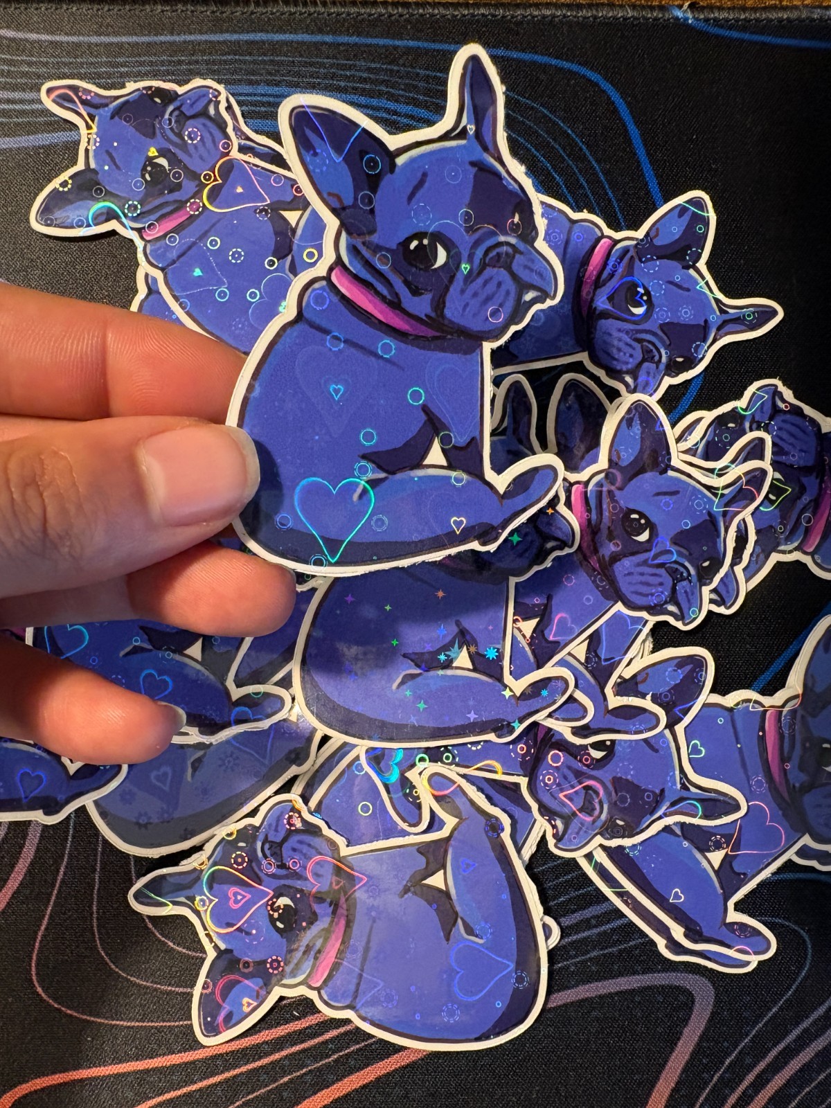 Holographic Frenchie Purple French Bull Dog Vinyl Sticker by KayshaLacyArt