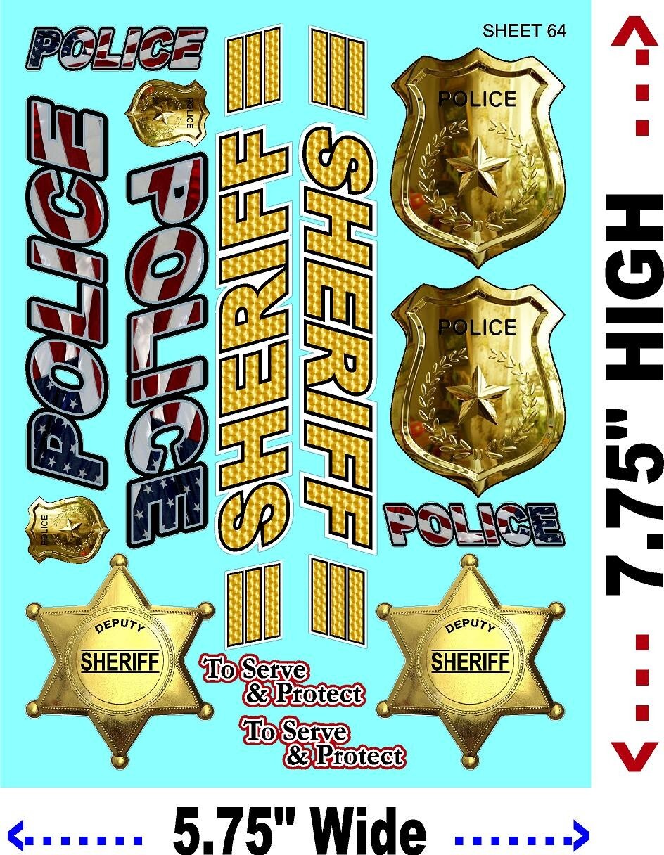 WHITE Vinyl Sticker Sheet 64 POLICE-R/C MODEL Decal fits 1/10-1/16 Scale SHERIFF