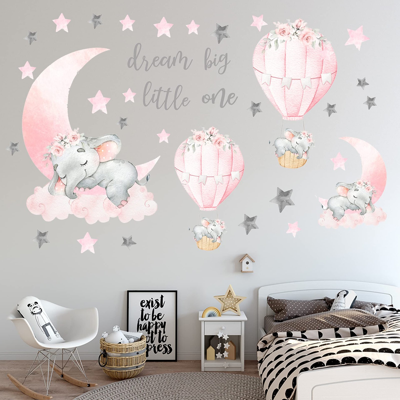 Dream Big Little One Elephant Wall Stickers, Pink Moon Hot Air Balloon Grey Star