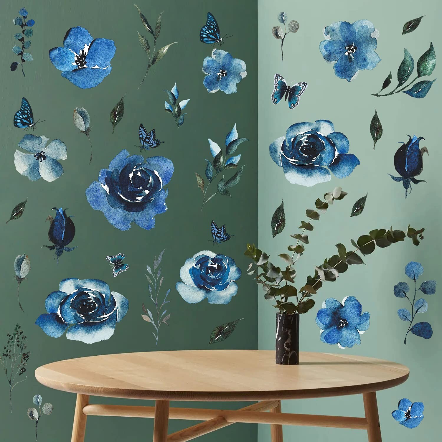4 Sheets Watercolor Blue Roses Wall Decals Art Flowers Wall Stickers Removabl…