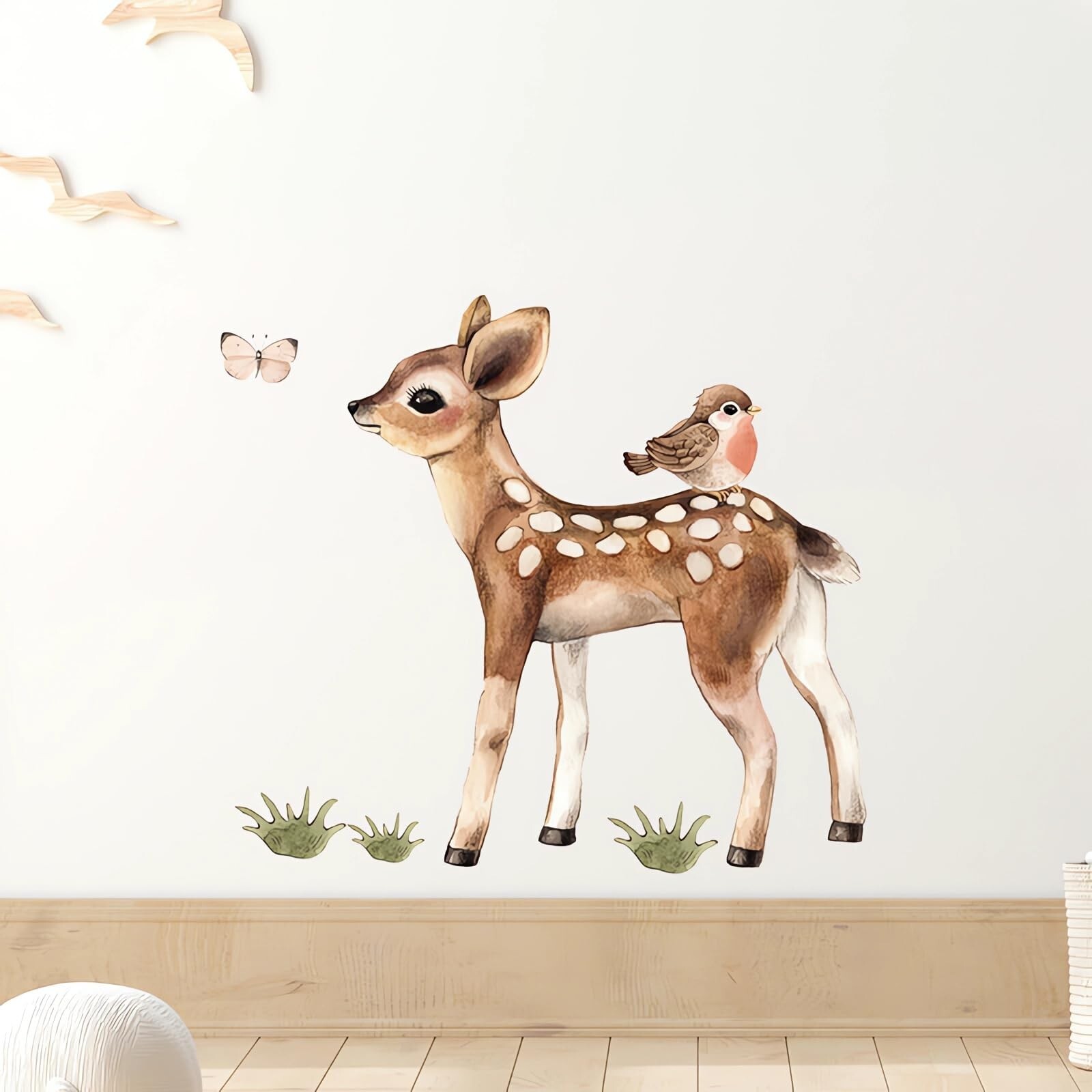Cute Fawn and Bird Butterfly Deer Wall Stickers, sacinora Cartoon Jungle Anim…