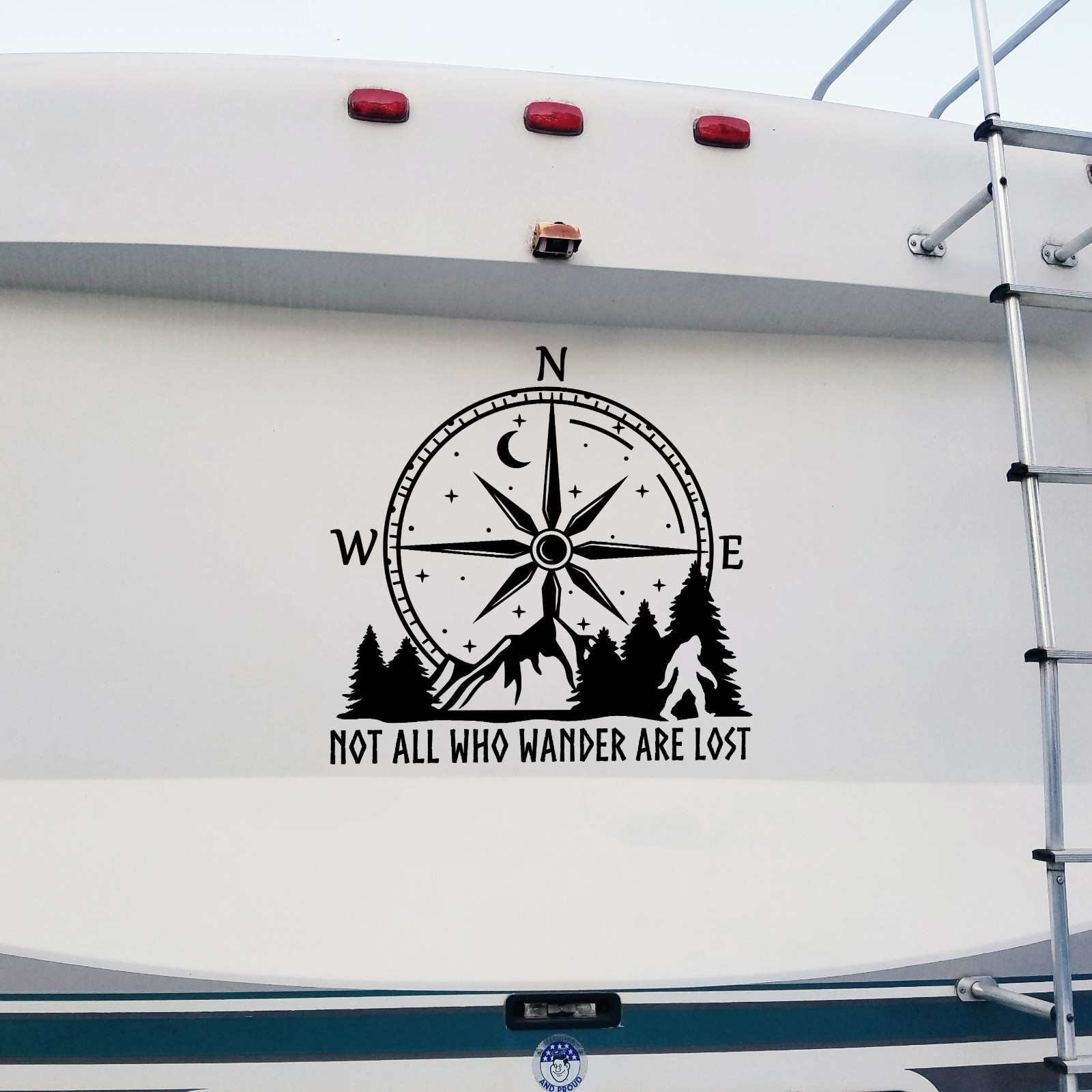 Not All Who Wander Are Lost Compass Mountains Bigfoot V2 Decal Sticker Sasquatch