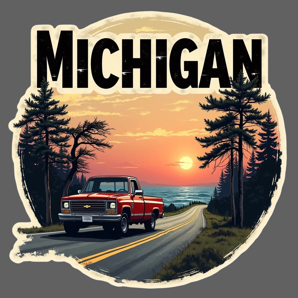 Michigan Sticker Vinyl Decal Truck Sunset Lake Road Vintage Retro Style