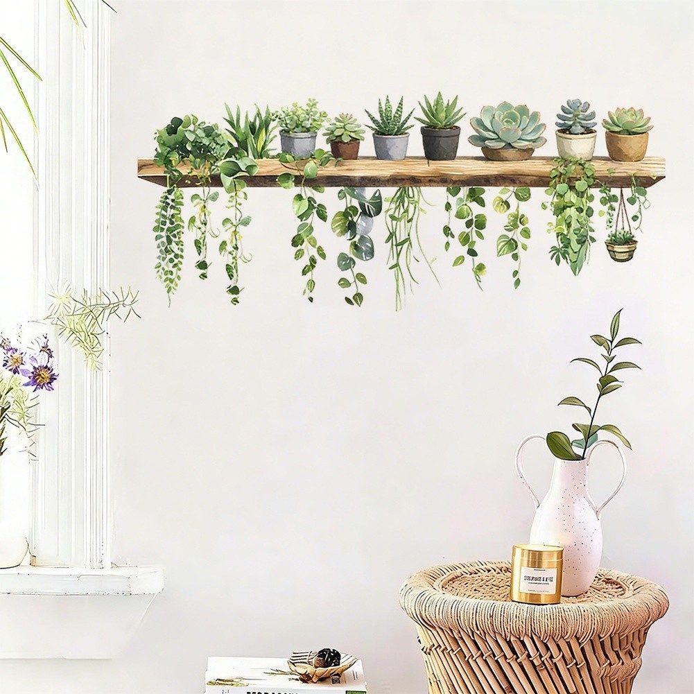 Fade Resistant Green Cartoon Plant Pot Wall Decal for Living Room Bedroom Decor