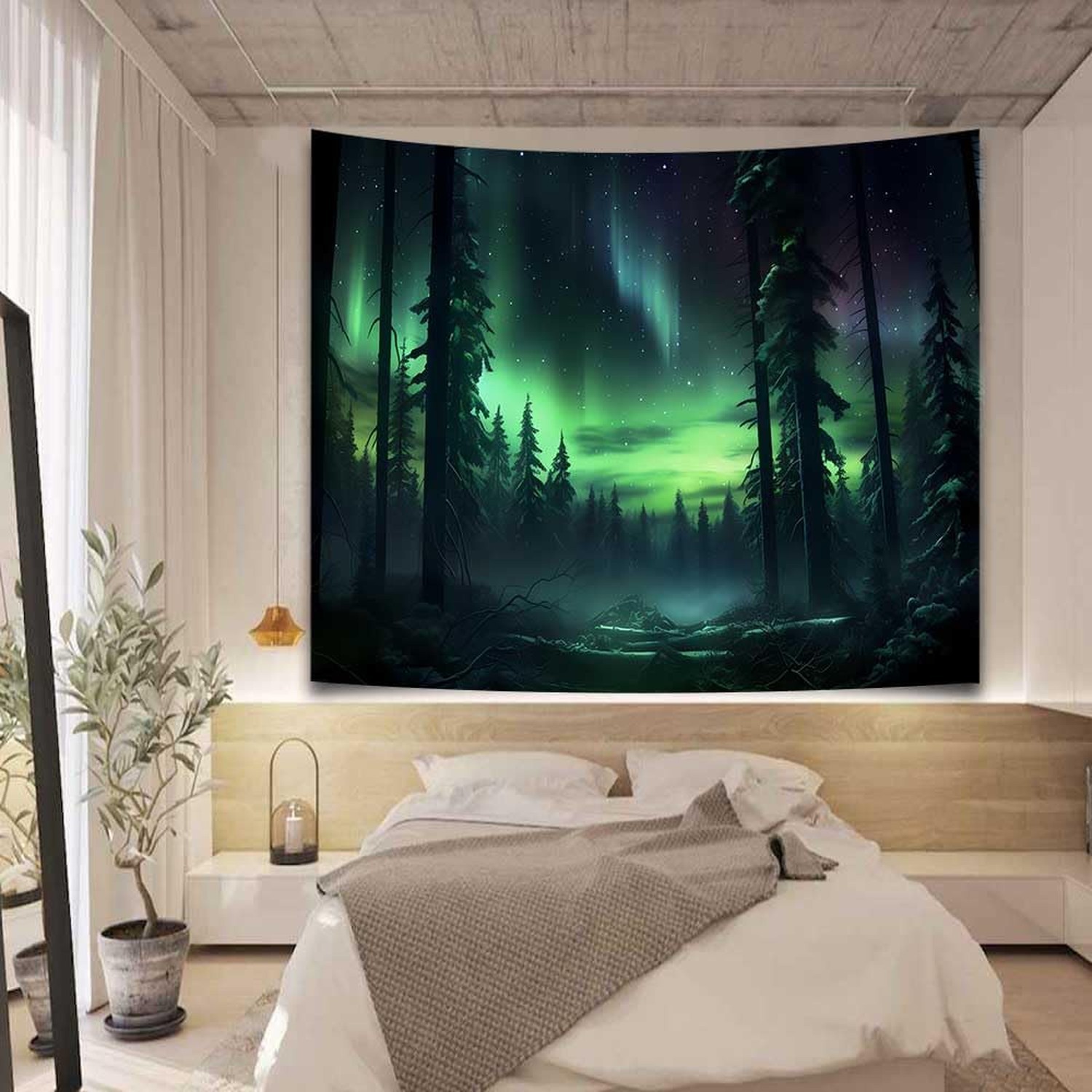 Northern Lights Forest Tapestry100x90 Inches Aurora Borealis Misty Pine Trees…