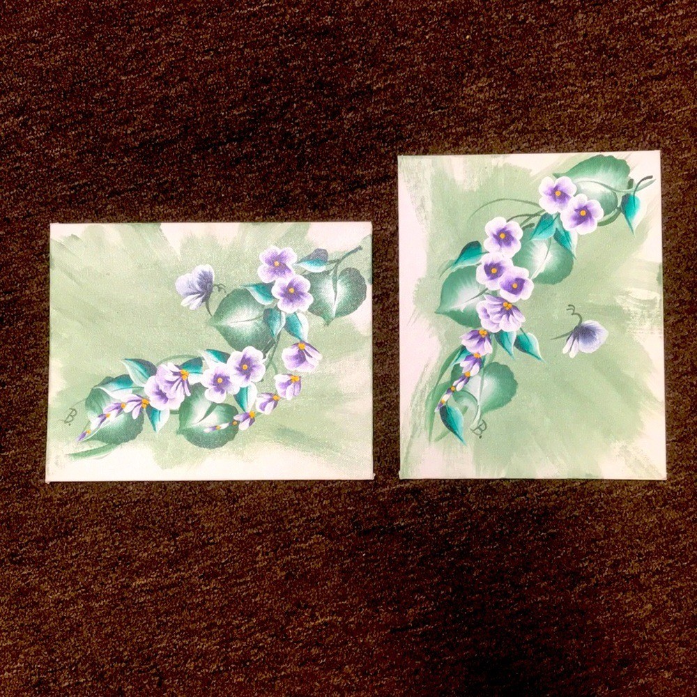 2 Original Signed Flowers & Butterfly Acrylic Paintings on 8×10 Canvas Boards