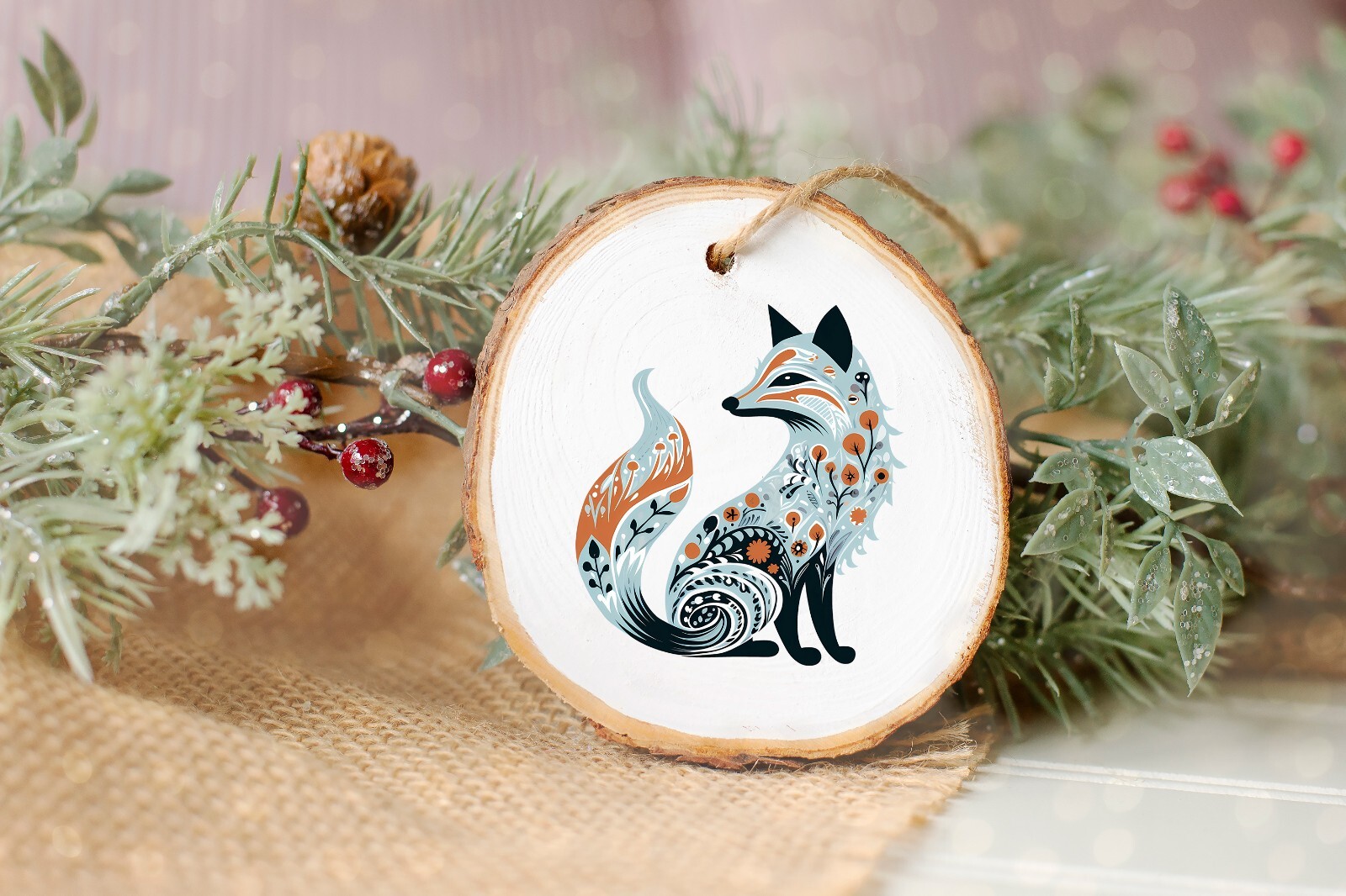 Christmas Blue Folk Art Fox UV DTF Transparent Sticker / Decal