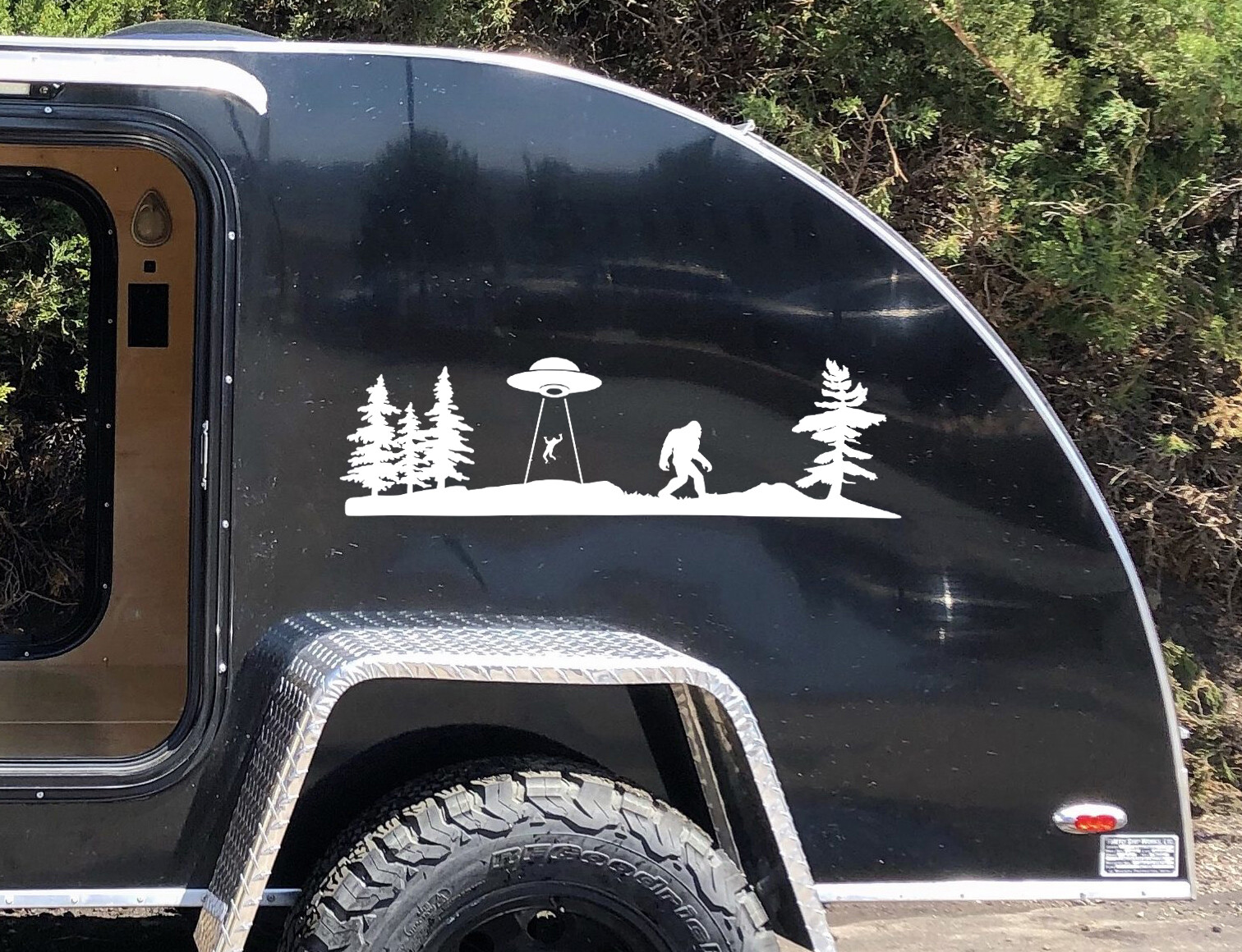 Bigfoot UFO Forest Scene V2 Vinyl Decal | Cryptid Mythology Die Cut Sticker