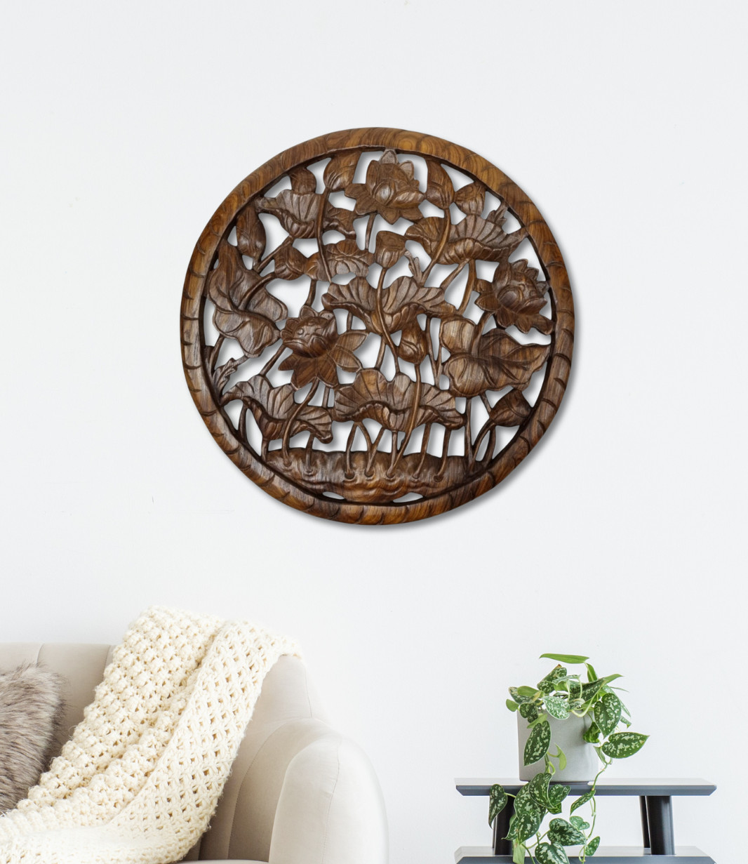 Suar Wood Carving Lotus Wall Picture Carved Wall Sculpture Acacia Solid Wood