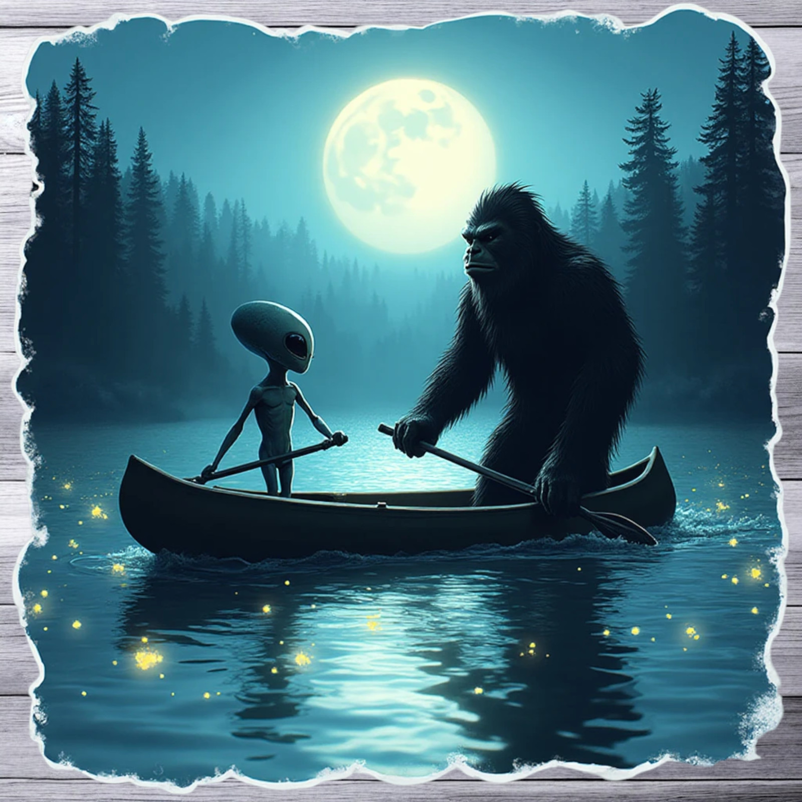 Bigfoot sticker vinyl decal alien canoe lake camping moonlight forest art