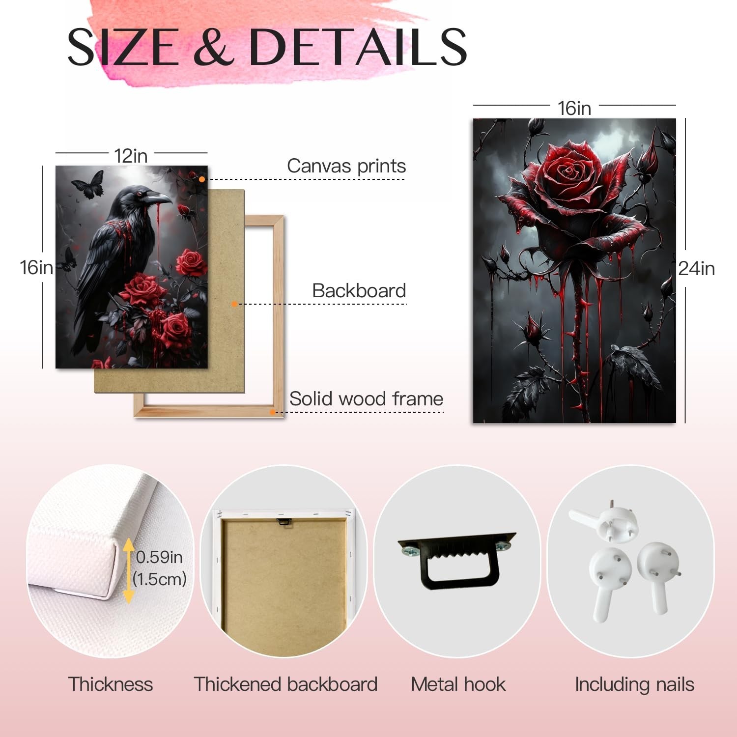 Horror Gothic Canvas Wall Art, Romance Raven Rose Halloween Wall Decor, Blood…