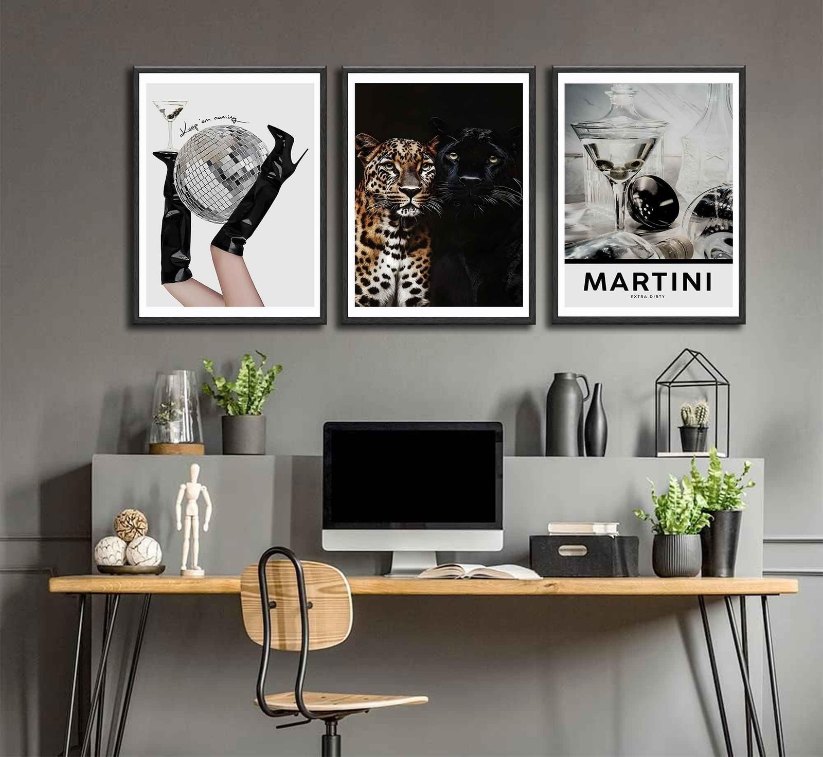 3Pcs Trendy Leopard Wall Art Funky Black High Heel Disco Ball Wall Decor Pict…