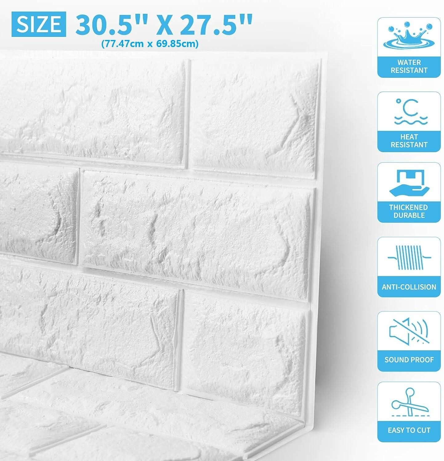 Art3d 20pcs 30.5"x27.5" Foam Faux Brick Self-adhesive White Wall Sticker