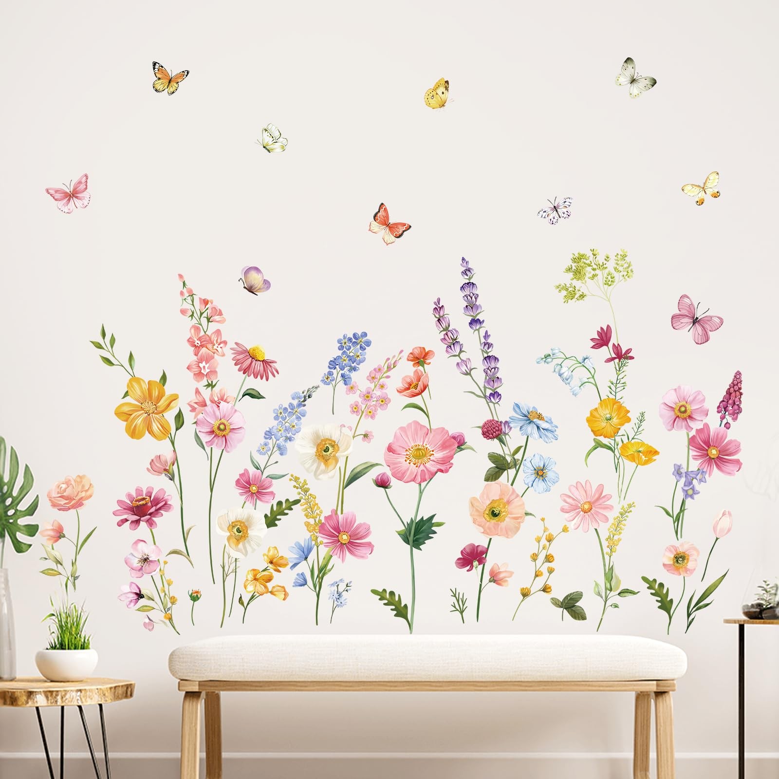 decalmile Flower Wall Decals Daisy Wildflower Grass Butterflies Multi Color