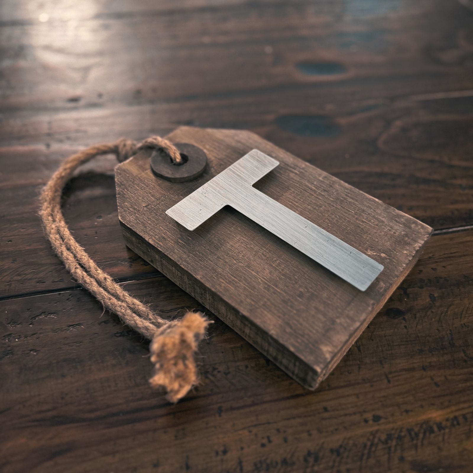 Rustic Wood & Metal Wall Hanging Decor Letter “T” Farmhouse Style Tag Sign