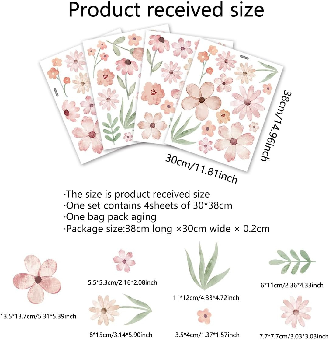 Boho Flower Wall Decals，Pink Watercolor Flower Art，Wildflower Wall Decals，Girls