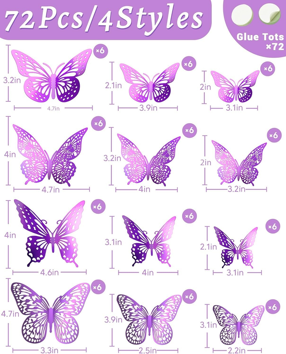 72 piezas de decoración de pared de mariposas 3D, mariposa morada