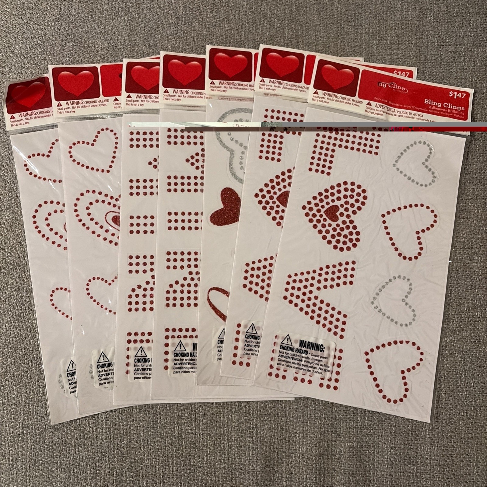 Bling Clings Mylar Glitter Stickers Valentines Hearts Peel Stick Reposition