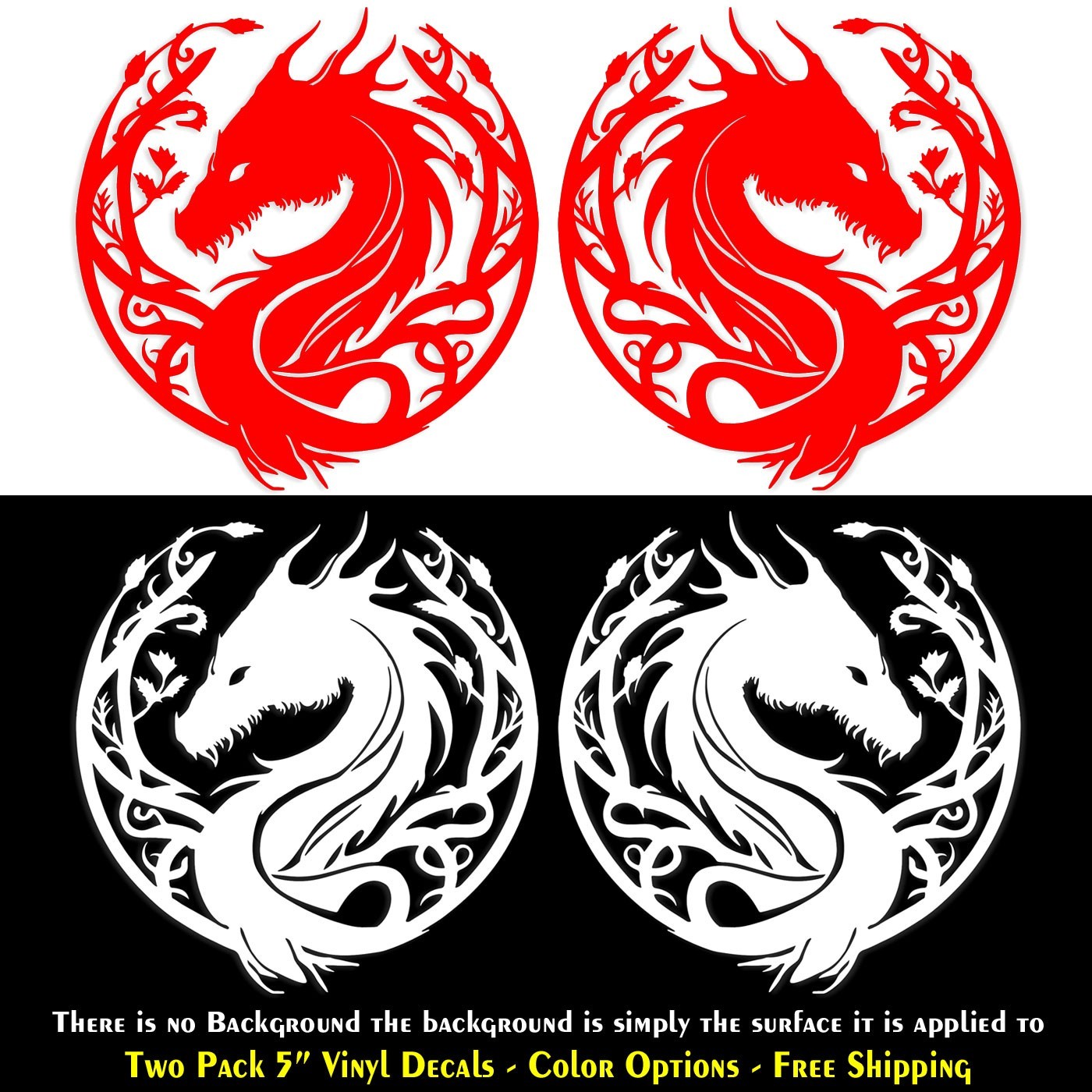 Dragon Floral Design Two Pack 5" Vinyl Decals Car Truck Window Any Flat Surface