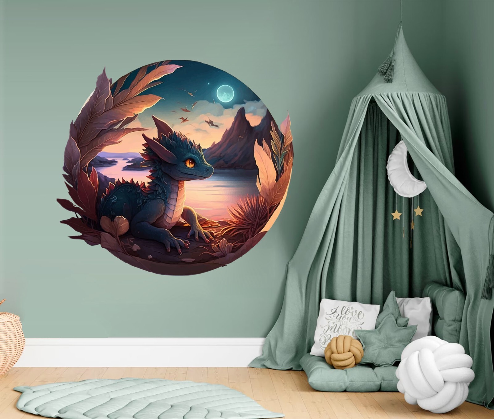 Baby Fairytale Dragon Moon Night Sky Dinosaur nursery wall decal sticker