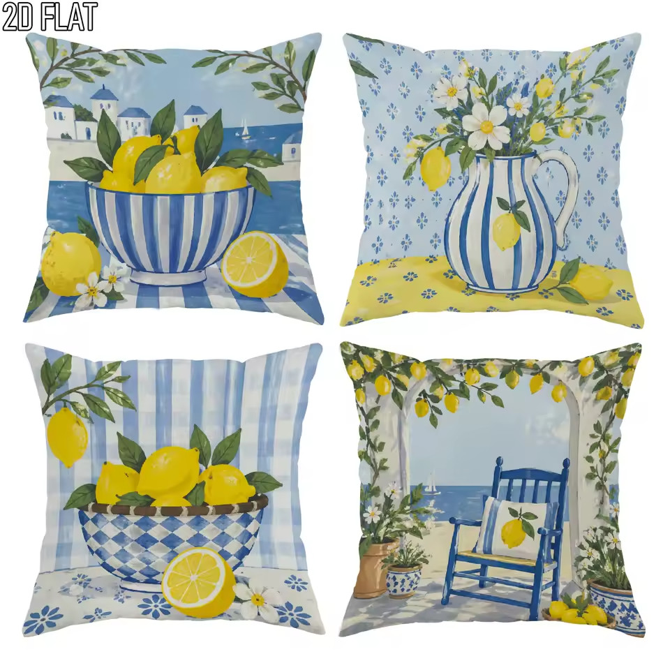Set of 4 Mediterranean Lemon Pillow Covers – Blue & Yellow Italian Coastal Decor