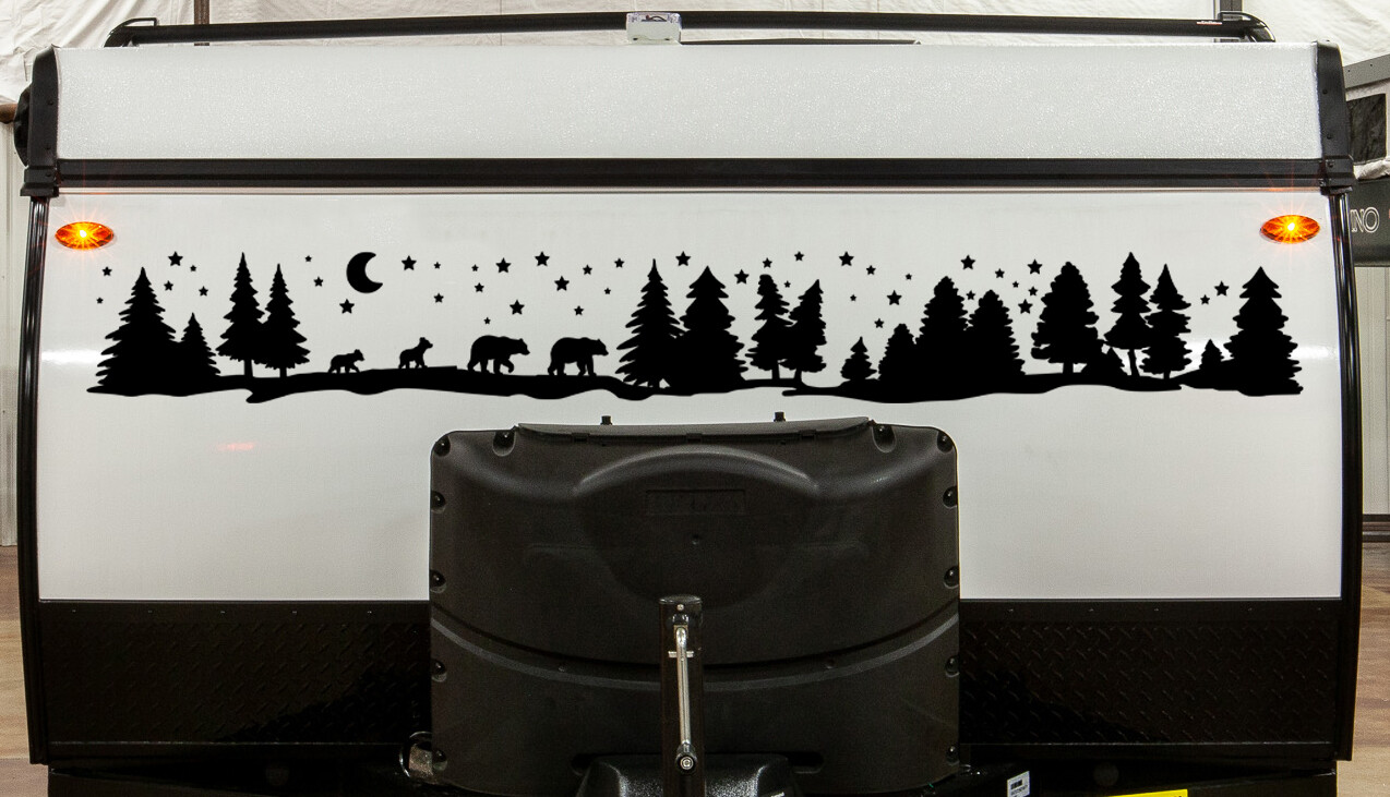 Bear Family of 4 Moon Scene Vinyl Decal V5 | Forest Stars RV Graphics Sticker