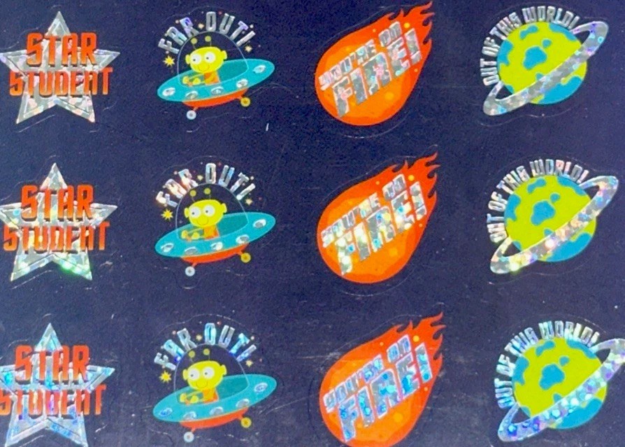 SPACE CHROME 24 STICKERS✨🚀⭐️🛸🌎❤️‍🔥🪐✨6” X 4”✨STAR STUDENTS✨CUTE✨AWESOME✨🌟💫