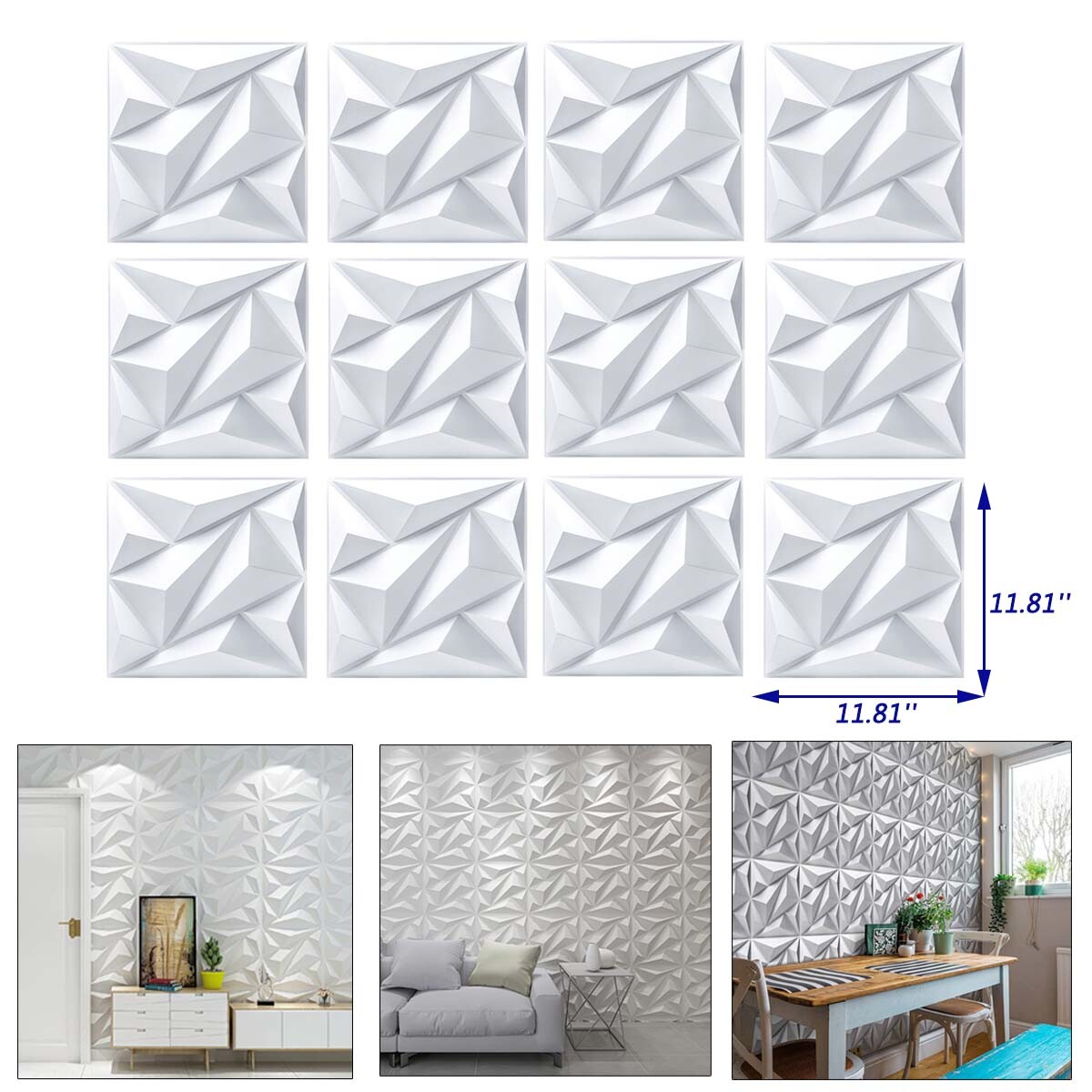 12pcs 3D Wall Panels Decorative Wall Boards 30cm*30cm Square PVC Panels White