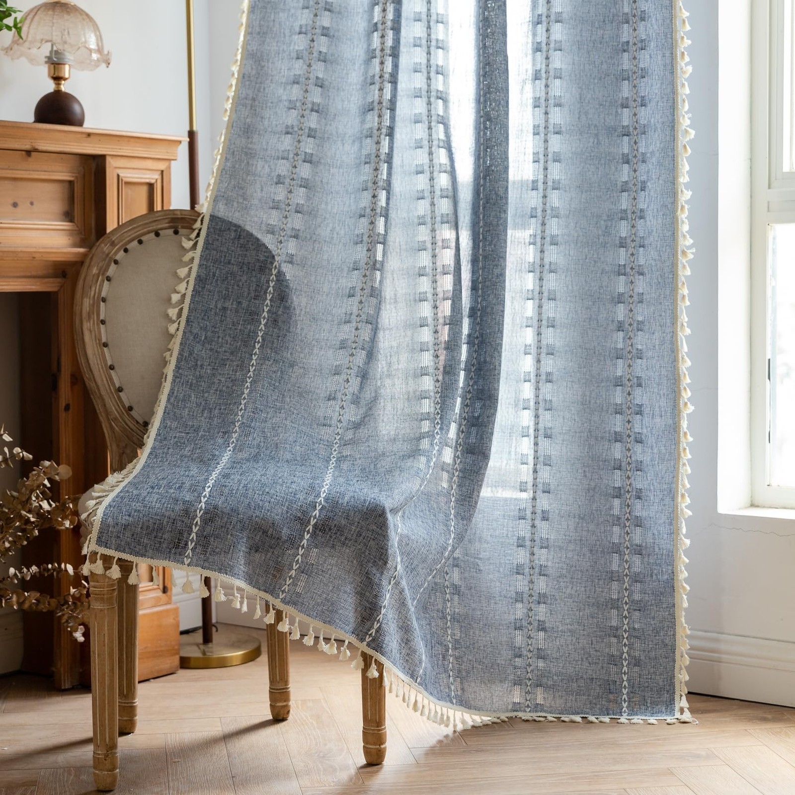 Denim Blue Boho Curtains 96 inch Long 2 Panels for Living Room Bedroom, Rusti…