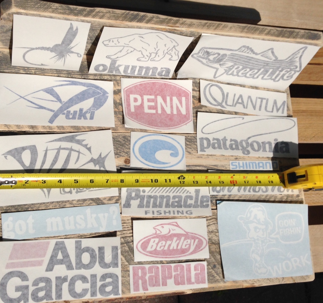 17 Fishing DECALS vinyl sticker fish lures rod hook tackle box bait boat trout