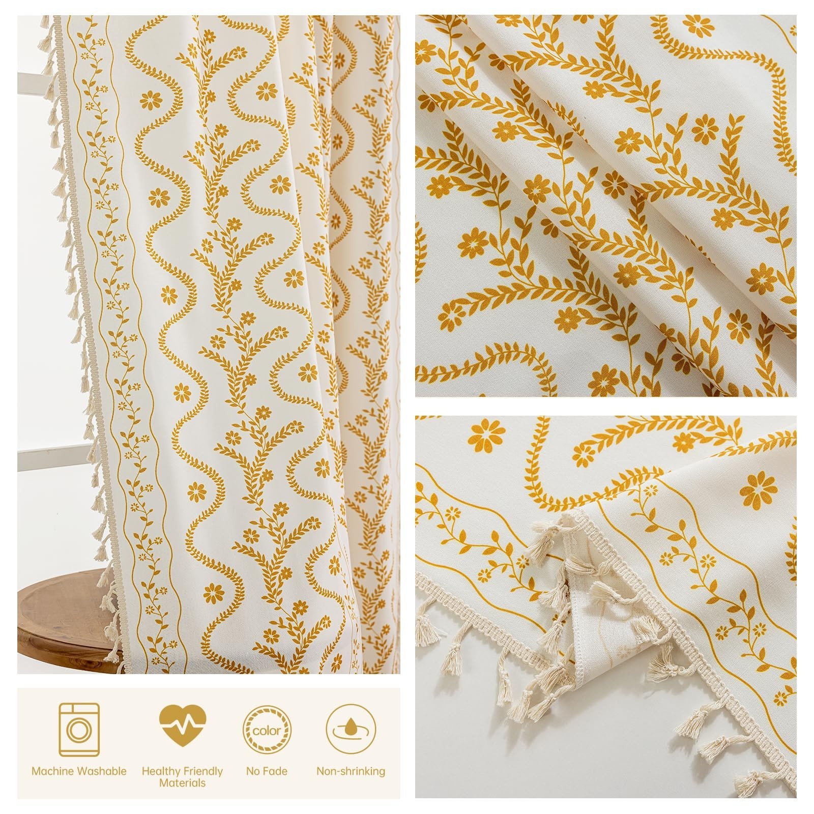Yellow Boho Curtains 72 Inch Long for Living Room, Bedroom, 2 Panels Floral F…