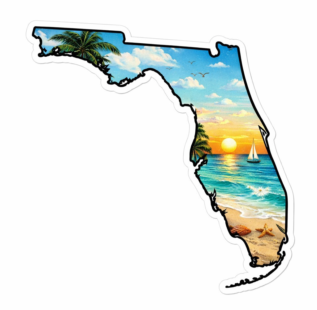 Florida | State Outline Vinyl Decal | Sunset Palm Trees Wildlife Sticker 09