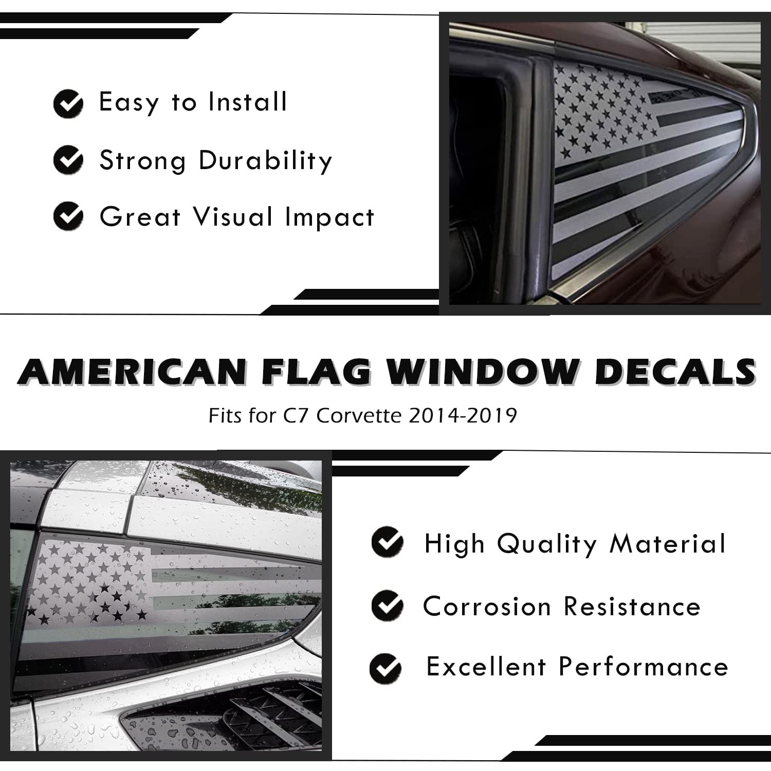 for Both Side American Flag Window Decals fit C7 Corvette 2014-2019 Black