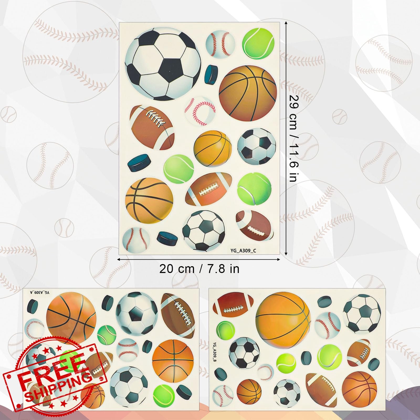 Tinoaly 3pc Glow Sports Ball Wall Stickers