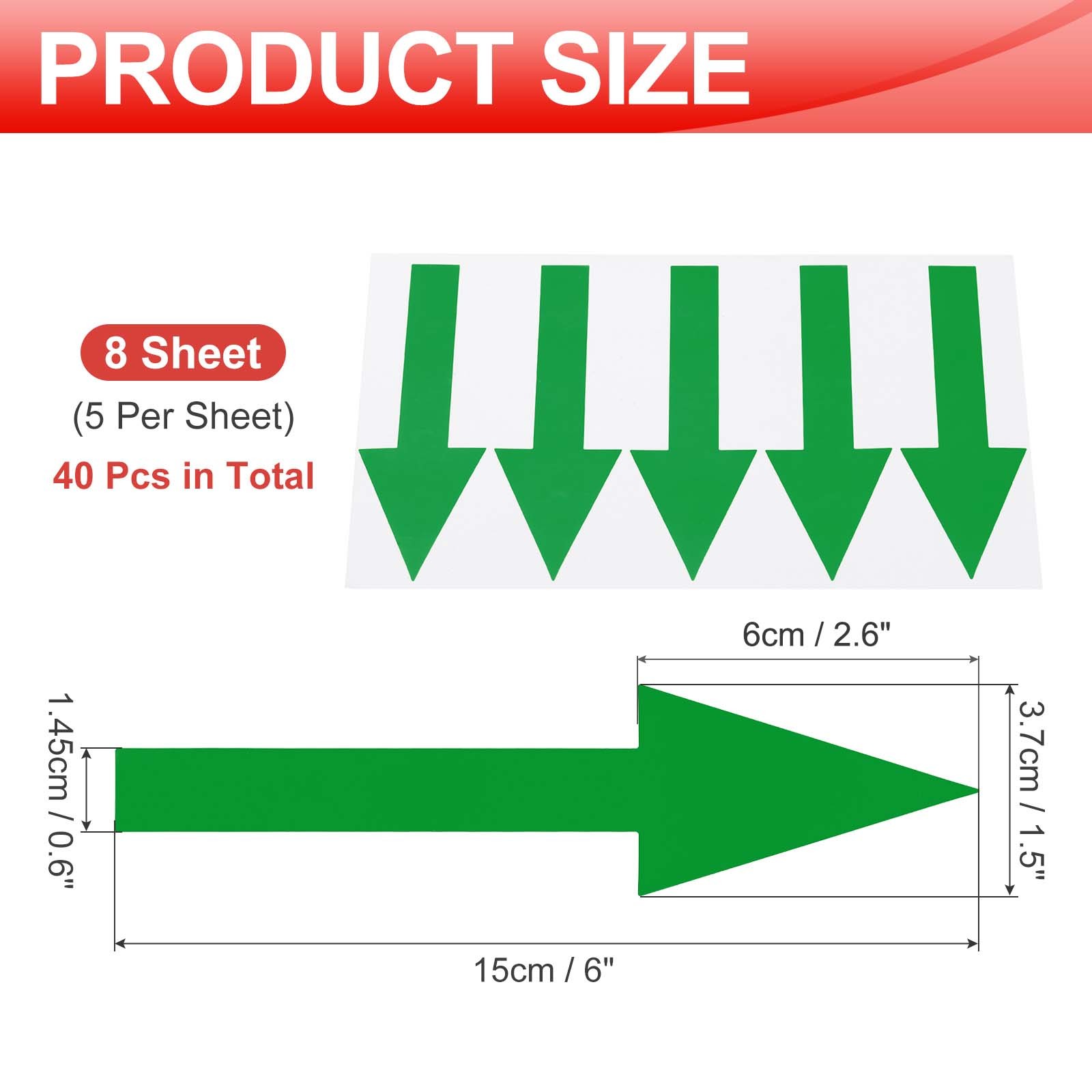Arrow Sticker, (6×1.5 Inch, Green) (40 Pcs), Waterproof Arrow Sign Sticker